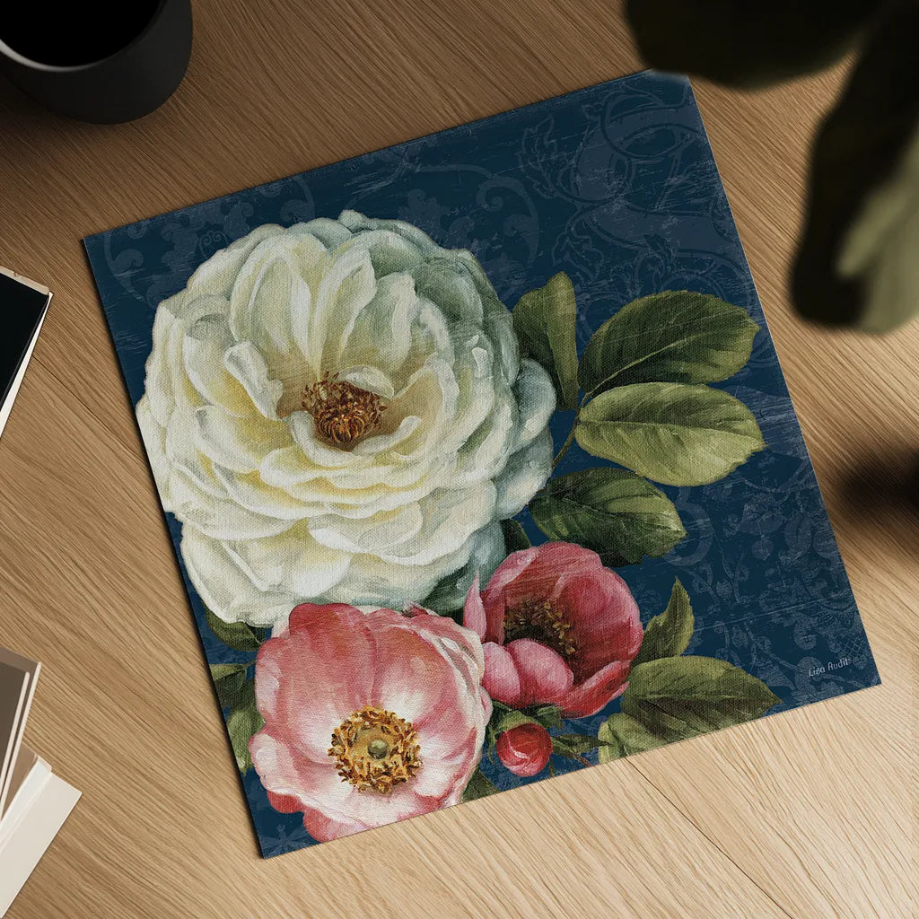 Floral Damask II on Indigo by Lisa Audit. Shown as a detailed flat fine art print, highlighting archival giclee quality. Available as an archival giclee rolled canvas, fine art paper, or poster print. SKU 12686a.