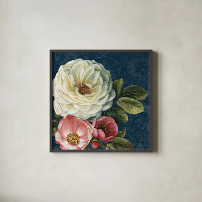 Floral Damask II on Indigo by Lisa Audit. Shown in a sleek black glass frame for a contemporary gallery look. Available as an archival giclee rolled canvas, fine art paper, or poster print. SKU 12686a.