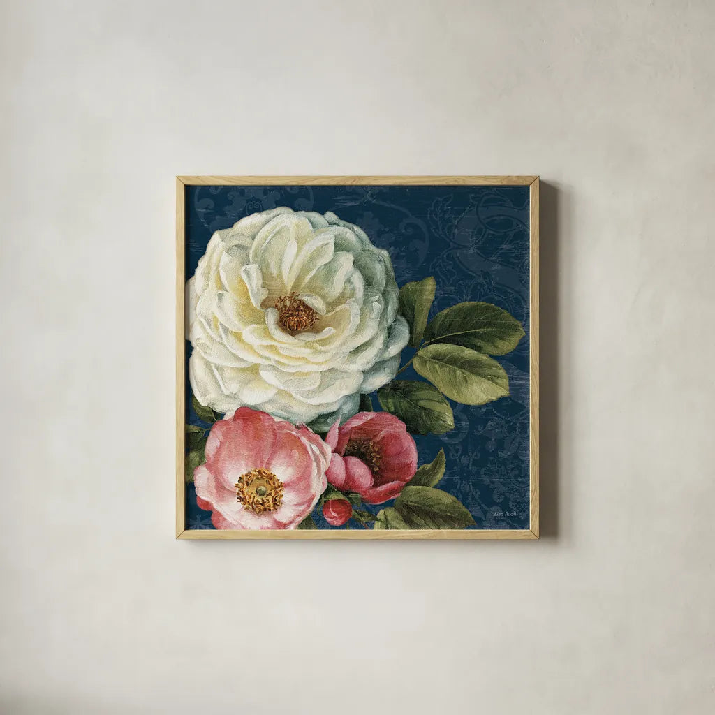 Floral Damask II on Indigo by Lisa Audit. Shown in a natural wood glass frame for a timeless modern aesthetic. Available as an archival giclee rolled canvas, fine art paper, or poster print. SKU 12686a.