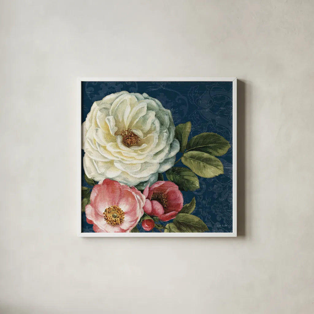 Floral Damask II on Indigo by Lisa Audit. Shown in a crisp white glass frame for a clean and minimalist style. Available as an archival giclee rolled canvas, fine art paper, or poster print. SKU 12686a.