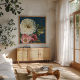 Floral Damask II on Indigo by Lisa Audit. Shown in a natural wood frame in a cozy modern living room. Available as an archival giclee rolled canvas, fine art paper, or poster print. SKU 12686a.