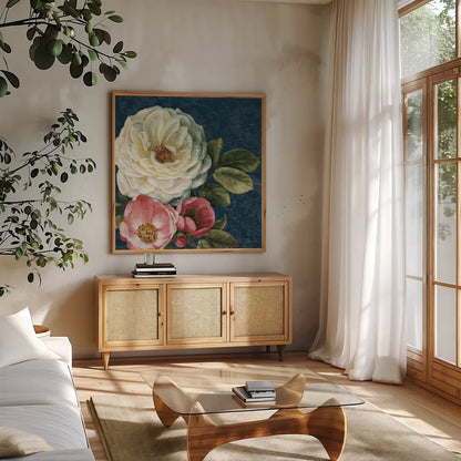 Floral Damask II on Indigo by Lisa Audit. Shown in a natural wood frame in a cozy modern living room. Available as an archival giclee rolled canvas, fine art paper, or poster print. SKU 12686a.