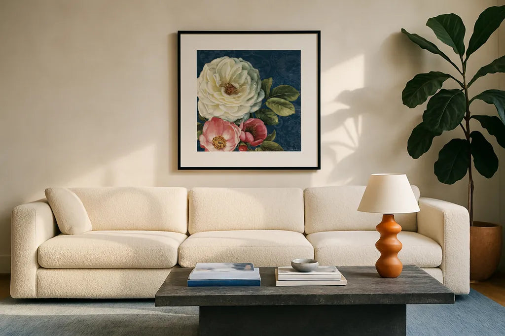 Floral Damask II on Indigo by Lisa Audit. Displayed in a glass frame with matte in a clean modern living room. Available as an archival giclee rolled canvas, fine art paper, or poster print. SKU 12686a.