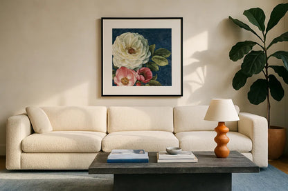 Floral Damask II on Indigo by Lisa Audit. Displayed in a glass frame with matte in a clean modern living room. Available as an archival giclee rolled canvas, fine art paper, or poster print. SKU 12686a.