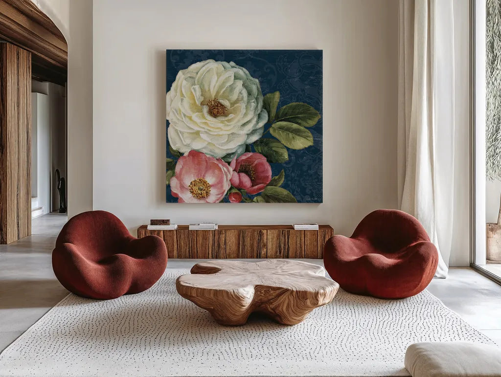 Floral Damask II on Indigo by Lisa Audit. Shown as extra-large giant wall art in a modern living room. Available as an archival giclee rolled canvas, fine art paper, or poster print. SKU 12686a.