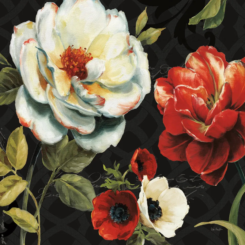 Floral Story IV on Black by Lisa Audit. SKU 11692a. Archival Giclee Fine art print for wall decor.