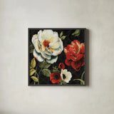 Floral Story IV on Black by Lisa Audit. Shown in a sleek black glass frame for a contemporary gallery look. Available as an archival giclee rolled canvas, fine art paper, or poster print. SKU 11692a.