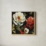 Floral Story IV on Black by Lisa Audit. Shown in a natural wood glass frame for a timeless modern aesthetic. Available as an archival giclee rolled canvas, fine art paper, or poster print. SKU 11692a.