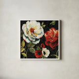 Floral Story IV on Black by Lisa Audit. Shown in a crisp white glass frame for a clean and minimalist style. Available as an archival giclee rolled canvas, fine art paper, or poster print. SKU 11692a.