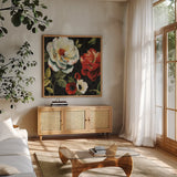 Floral Story IV on Black by Lisa Audit. Shown in a natural wood frame in a cozy modern living room. Available as an archival giclee rolled canvas, fine art paper, or poster print. SKU 11692a.