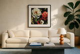 Floral Story IV on Black by Lisa Audit. Displayed in a glass frame with matte in a clean modern living room. Available as an archival giclee rolled canvas, fine art paper, or poster print. SKU 11692a.
