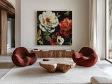Floral Story IV on Black by Lisa Audit. Shown as extra-large giant wall art in a modern living room. Available as an archival giclee rolled canvas, fine art paper, or poster print. SKU 11692a.