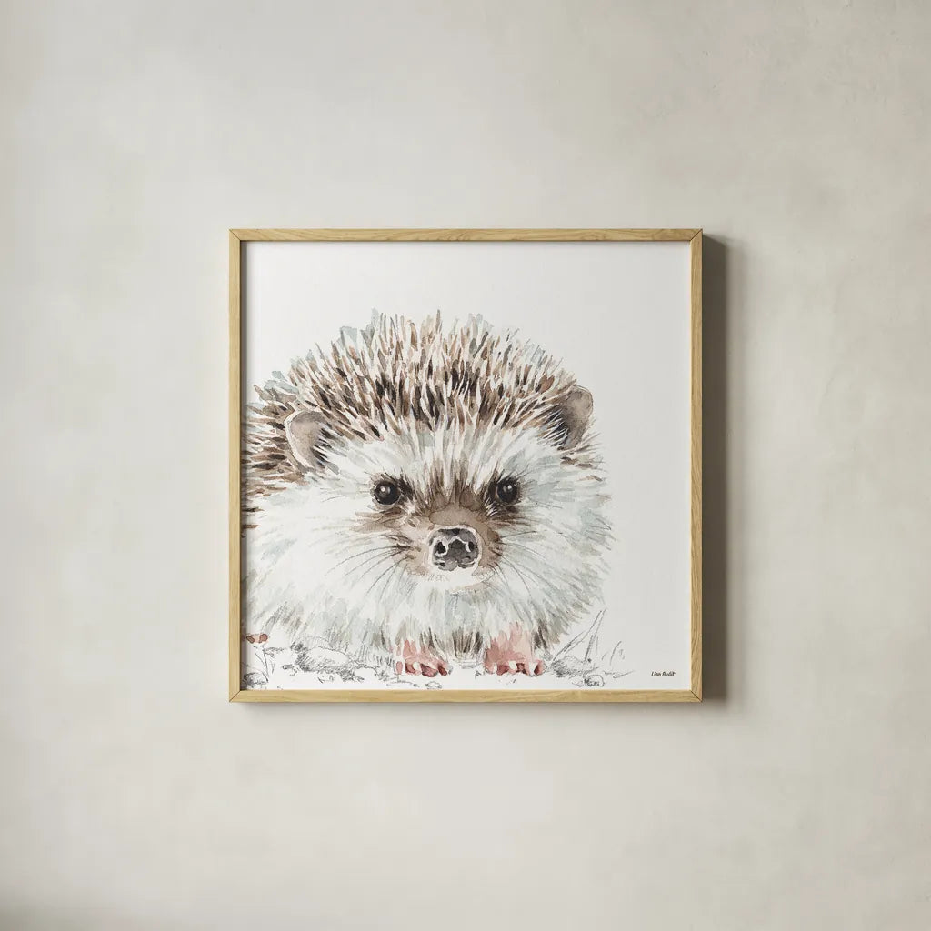 Forest Friends I by Lisa Audit. Shown in a natural wood glass frame for a timeless modern aesthetic. Available as an archival giclee rolled canvas, fine art paper, or poster print. SKU 42018a.