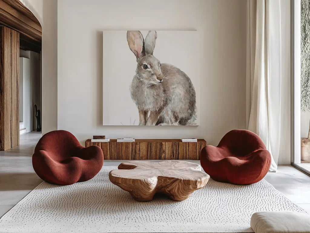 Forest Friends II by Lisa Audit. Shown as extra-large giant wall art in a modern living room. Available as an archival giclee rolled canvas, fine art paper, or poster print. SKU 42019a.