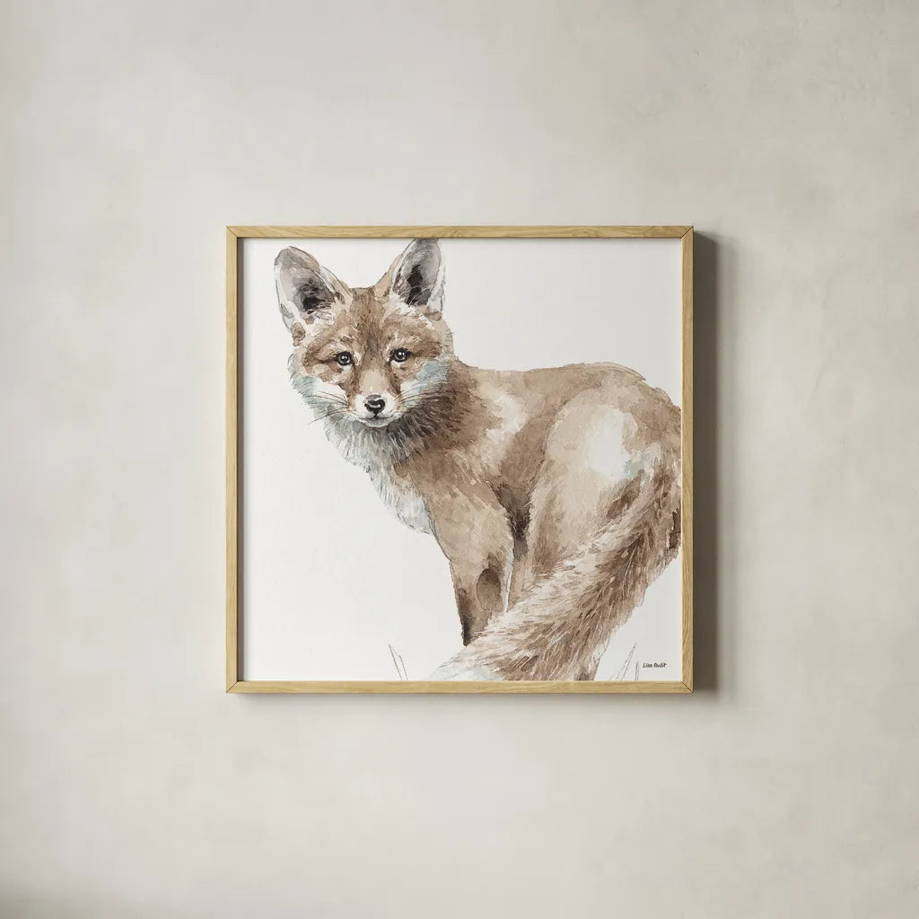 Forest Friends V by Lisa Audit. Shown in a natural wood glass frame for a timeless modern aesthetic. Available as an archival giclee rolled canvas, fine art paper, or poster print. SKU 42022a.