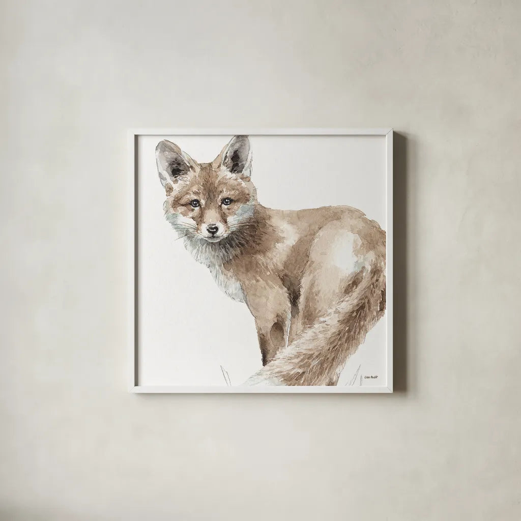 Forest Friends V by Lisa Audit. Shown in a crisp white glass frame for a clean and minimalist style. Available as an archival giclee rolled canvas, fine art paper, or poster print. SKU 42022a.