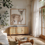 Forest Friends VI by Lisa Audit. Shown in a natural wood frame in a cozy modern living room. Available as an archival giclee rolled canvas, fine art paper, or poster print. SKU 42023a.
