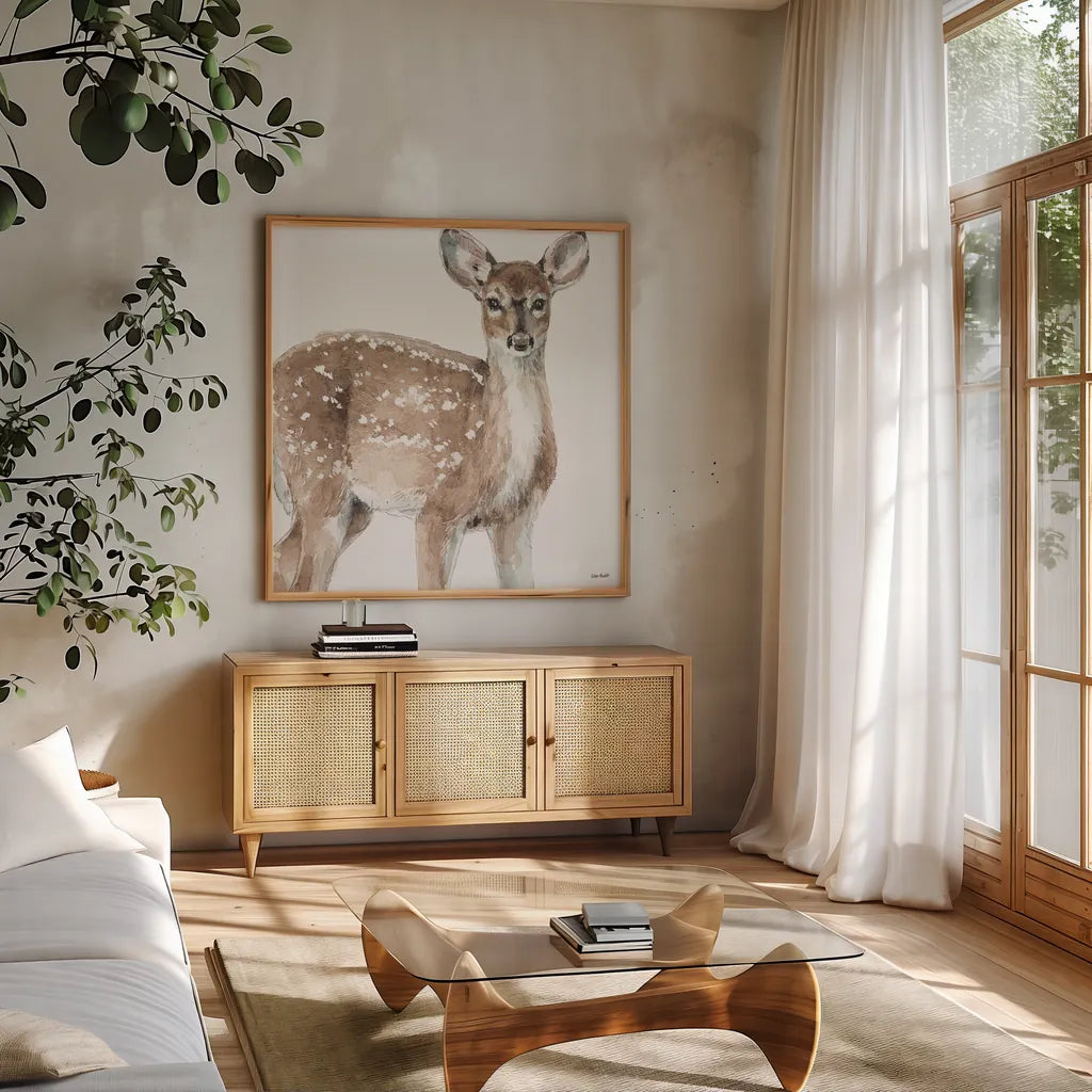 Forest Friends VI by Lisa Audit. Shown in a natural wood frame in a cozy modern living room. Available as an archival giclee rolled canvas, fine art paper, or poster print. SKU 42023a.