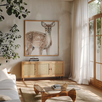 Forest Friends VI by Lisa Audit. Shown in a natural wood frame in a cozy modern living room. Available as an archival giclee rolled canvas, fine art paper, or poster print. SKU 42023a.