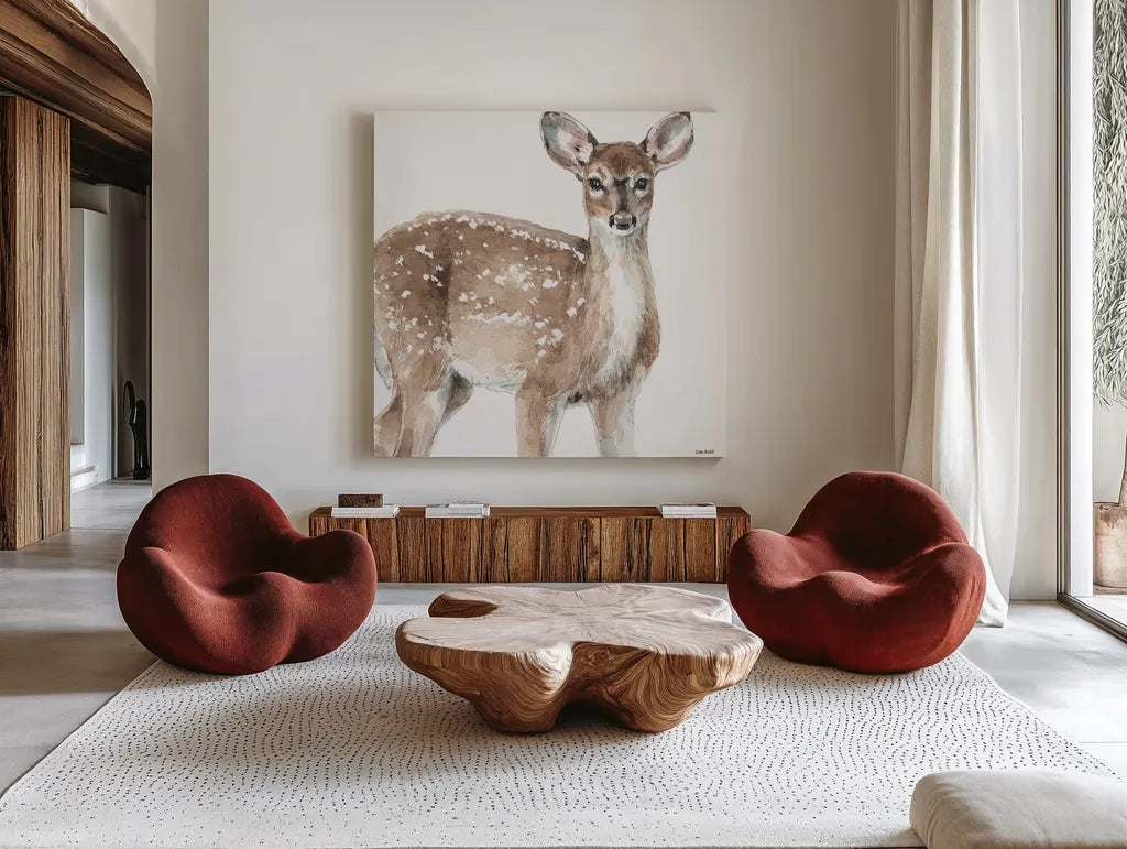 Forest Friends VI by Lisa Audit. Shown as extra-large giant wall art in a modern living room. Available as an archival giclee rolled canvas, fine art paper, or poster print. SKU 42023a.