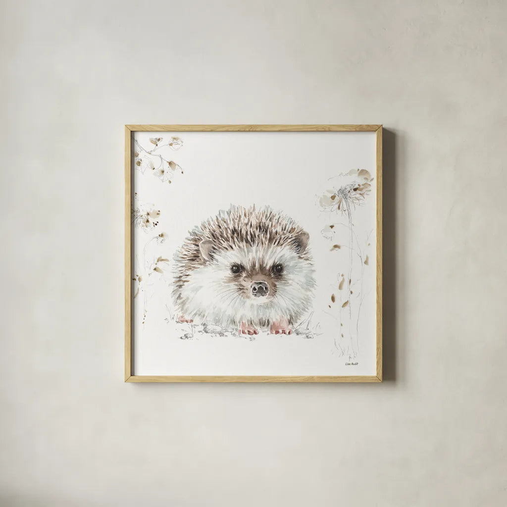 Forest Friends VII Flowers by Lisa Audit. Shown in a natural wood glass frame for a timeless modern aesthetic. Available as an archival giclee rolled canvas, fine art paper, or poster print. SKU 50357a.