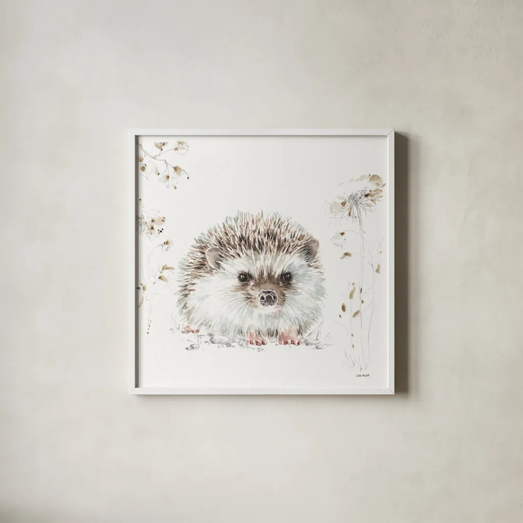 Forest Friends VII Flowers by Lisa Audit. Shown in a crisp white glass frame for a clean and minimalist style. Available as an archival giclee rolled canvas, fine art paper, or poster print. SKU 50357a.