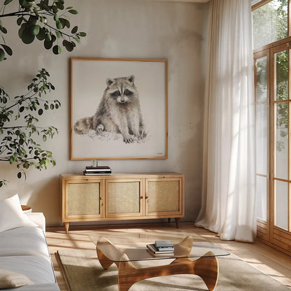 Forest Friends X by Lisa Audit. Shown in a natural wood frame in a cozy modern living room. Available as an archival giclee rolled canvas, fine art paper, or poster print. SKU 42027a.