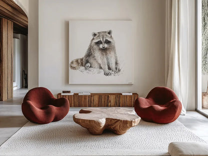 Forest Friends X by Lisa Audit. Shown as extra-large giant wall art in a modern living room. Available as an archival giclee rolled canvas, fine art paper, or poster print. SKU 42027a.