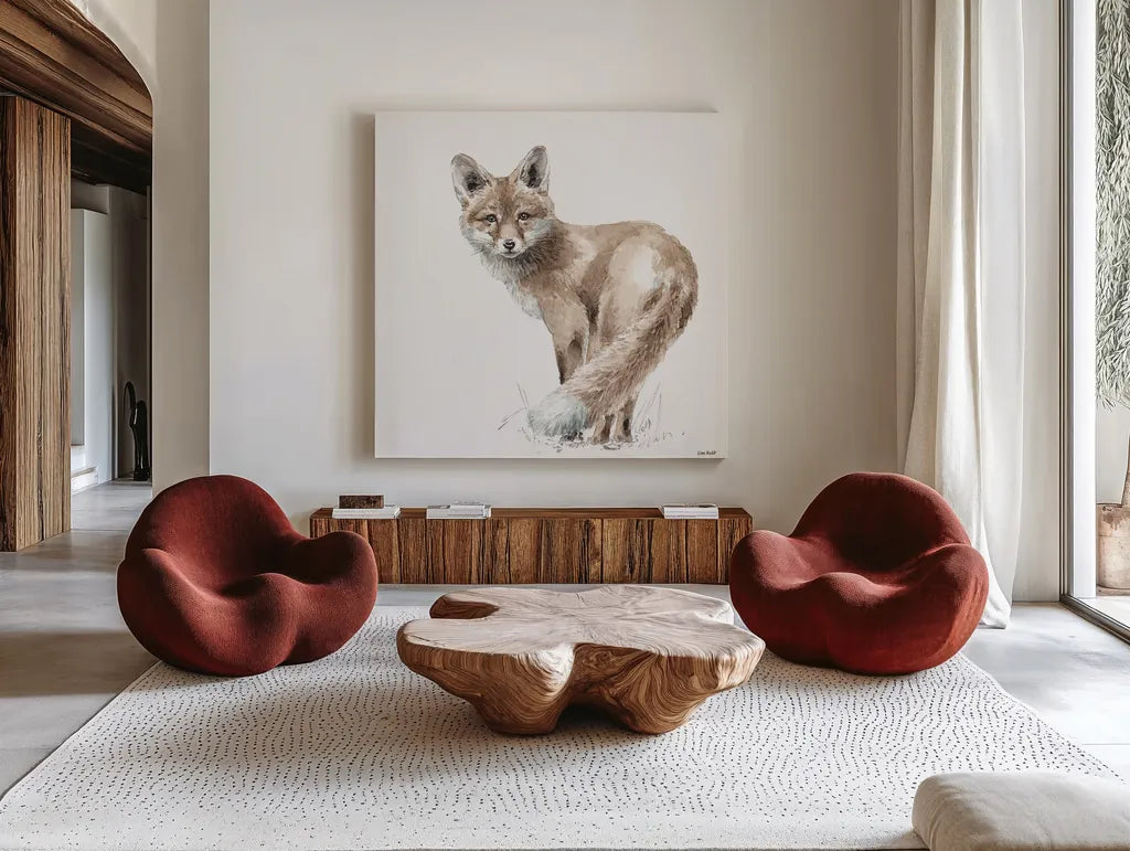 Forest Friends XI by Lisa Audit. Shown as extra-large giant wall art in a modern living room. Available as an archival giclee rolled canvas, fine art paper, or poster print. SKU 42028a.