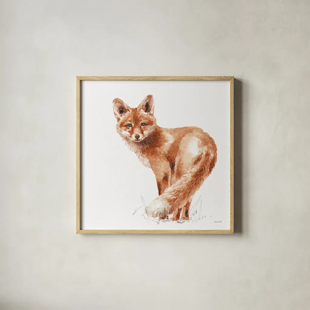 Forest Friends XI Red by Lisa Audit. Shown in a natural wood glass frame for a timeless modern aesthetic. Available as an archival giclee rolled canvas, fine art paper, or poster print. SKU 56706a.
