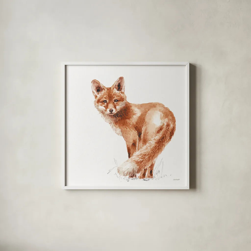 Forest Friends XI Red by Lisa Audit. Shown in a crisp white glass frame for a clean and minimalist style. Available as an archival giclee rolled canvas, fine art paper, or poster print. SKU 56706a.
