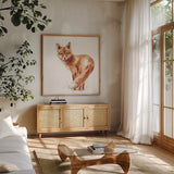 Forest Friends XI Red by Lisa Audit. Shown in a natural wood frame in a cozy modern living room. Available as an archival giclee rolled canvas, fine art paper, or poster print. SKU 56706a.