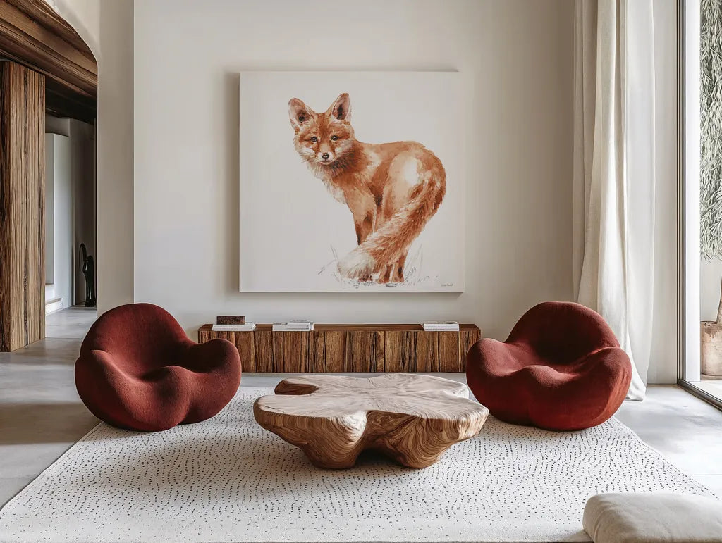 Forest Friends XI Red by Lisa Audit. Shown as extra-large giant wall art in a modern living room. Available as an archival giclee rolled canvas, fine art paper, or poster print. SKU 56706a.