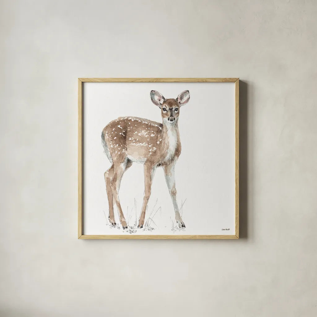 Forest Friends XII by Lisa Audit. Shown in a natural wood glass frame for a timeless modern aesthetic. Available as an archival giclee rolled canvas, fine art paper, or poster print. SKU 42029a.