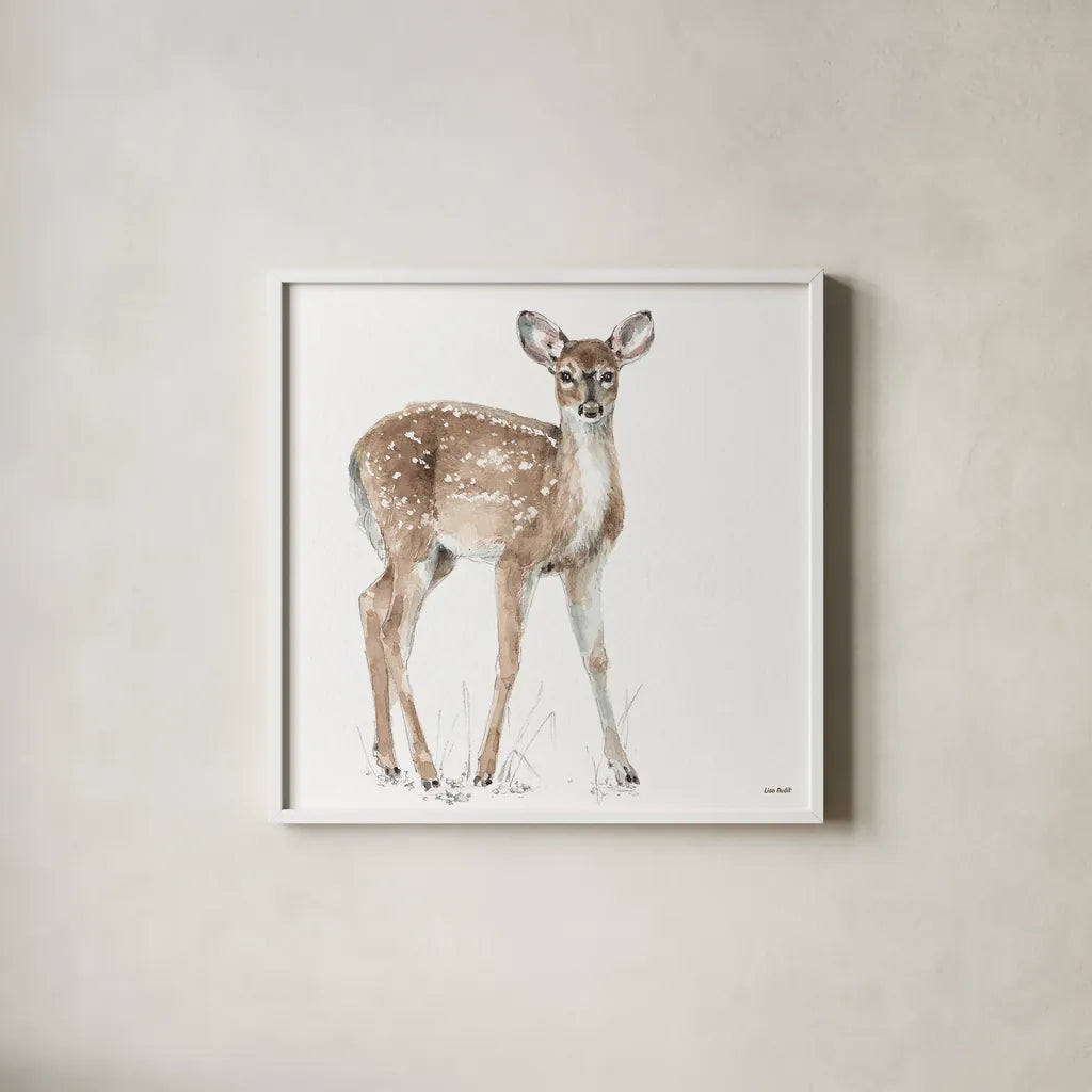 Forest Friends XII by Lisa Audit. Shown in a crisp white glass frame for a clean and minimalist style. Available as an archival giclee rolled canvas, fine art paper, or poster print. SKU 42029a.