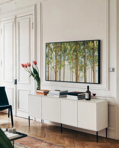 Forest Study I Crop by Lisa Audit. shown as a framed stretched canvas in a living room above a console. Available as a archival giclee rolled canvas, fine art paper, or poster print. SKU 11228i.