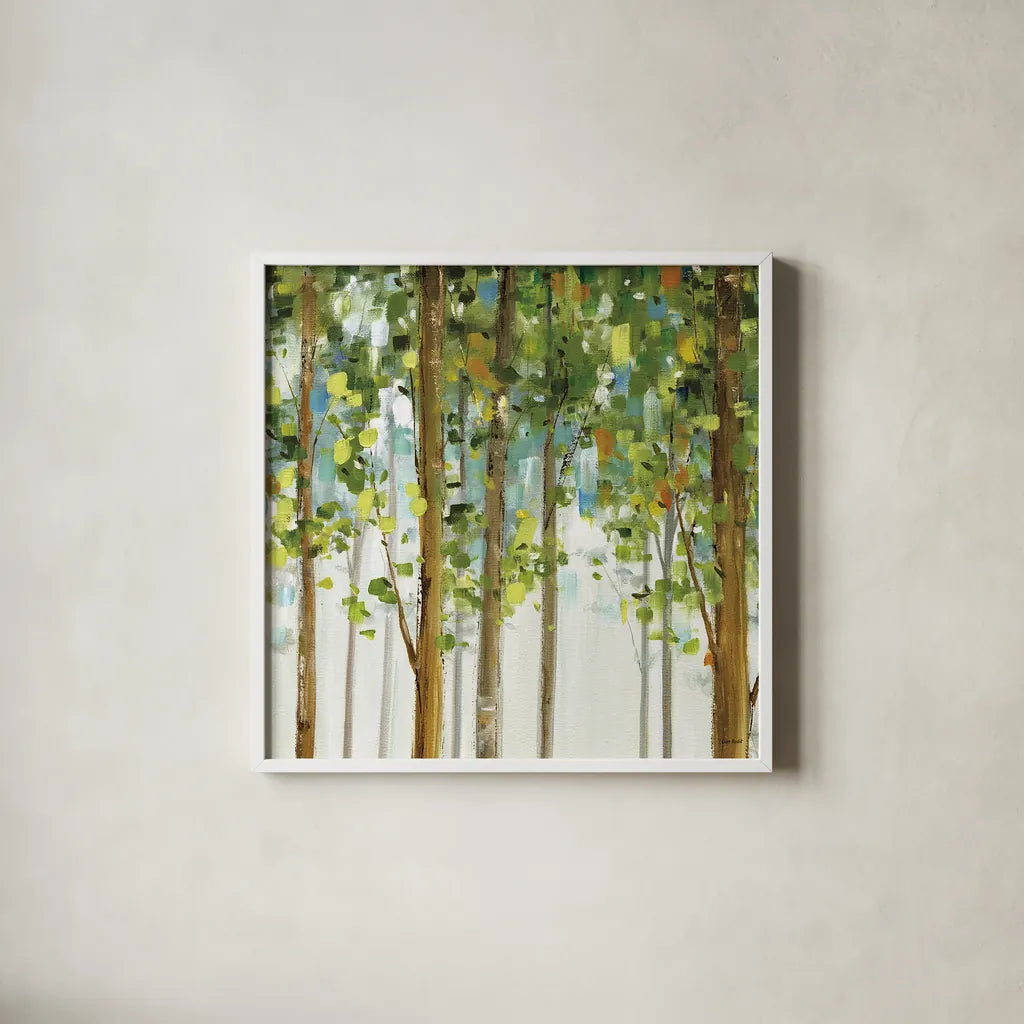 Forest Study II by Lisa Audit. Shown in a crisp white glass frame for a clean and minimalist style. Available as an archival giclee rolled canvas, fine art paper, or poster print. SKU 11274a.