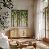 Forest Study II by Lisa Audit. Shown in a natural wood frame in a cozy modern living room. Available as an archival giclee rolled canvas, fine art paper, or poster print. SKU 11274a.