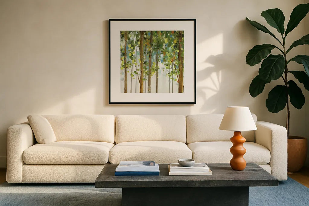 Forest Study II by Lisa Audit. Displayed in a glass frame with matte in a clean modern living room. Available as an archival giclee rolled canvas, fine art paper, or poster print. SKU 11274a.