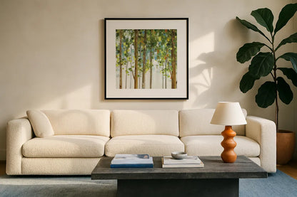 Forest Study II by Lisa Audit. Displayed in a glass frame with matte in a clean modern living room. Available as an archival giclee rolled canvas, fine art paper, or poster print. SKU 11274a.
