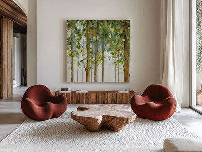 Forest Study II by Lisa Audit. Shown as extra-large giant wall art in a modern living room. Available as an archival giclee rolled canvas, fine art paper, or poster print. SKU 11274a.