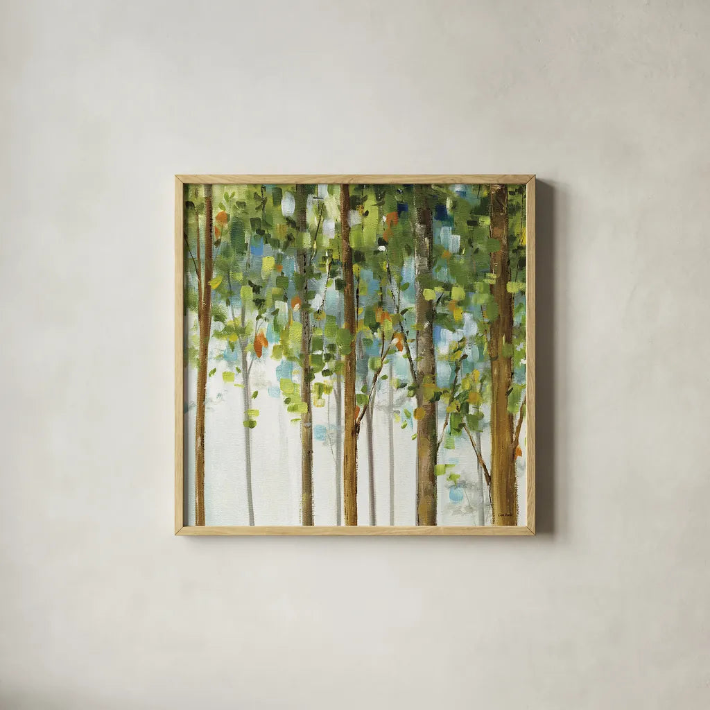Forest Study III by Lisa Audit. Shown in a natural wood glass frame for a timeless modern aesthetic. Available as an archival giclee rolled canvas, fine art paper, or poster print. SKU 11275a.