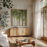 Forest Study III by Lisa Audit. Shown in a natural wood frame in a cozy modern living room. Available as an archival giclee rolled canvas, fine art paper, or poster print. SKU 11275a.
