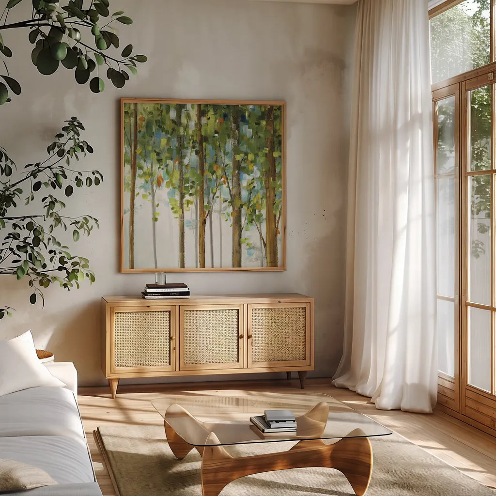 Forest Study III by Lisa Audit. Shown in a natural wood frame in a cozy modern living room. Available as an archival giclee rolled canvas, fine art paper, or poster print. SKU 11275a.