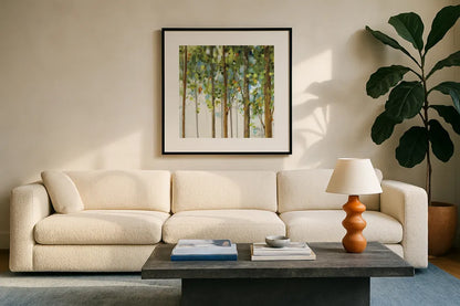 Forest Study III by Lisa Audit. Displayed in a glass frame with matte in a clean modern living room. Available as an archival giclee rolled canvas, fine art paper, or poster print. SKU 11275a.