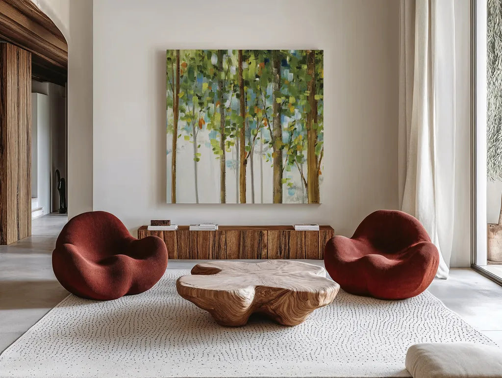 Forest Study III by Lisa Audit. Shown as extra-large giant wall art in a modern living room. Available as an archival giclee rolled canvas, fine art paper, or poster print. SKU 11275a.