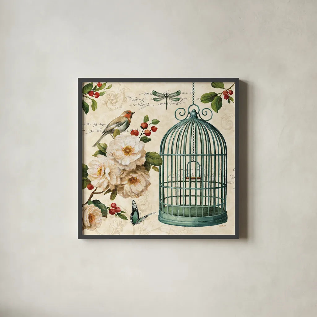 Free as a Bird I by Lisa Audit. Shown in a sleek black glass frame for a contemporary gallery look. Available as an archival giclee rolled canvas, fine art paper, or poster print. SKU 11911a.