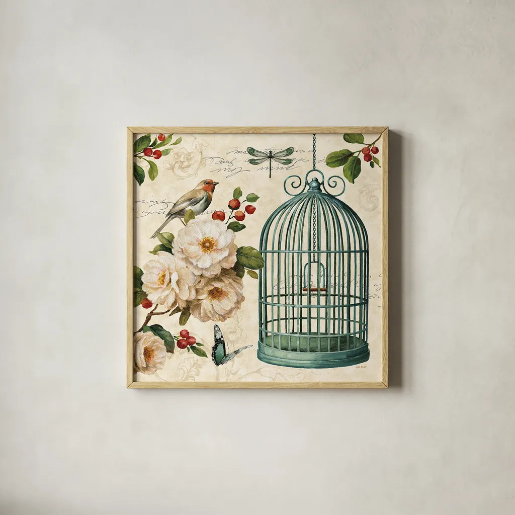 Free as a Bird I by Lisa Audit. Shown in a natural wood glass frame for a timeless modern aesthetic. Available as an archival giclee rolled canvas, fine art paper, or poster print. SKU 11911a.
