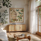 Free as a Bird II by Lisa Audit. Shown in a natural wood frame in a cozy modern living room. Available as an archival giclee rolled canvas, fine art paper, or poster print. SKU 11912a.