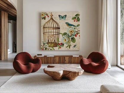 Free as a Bird II by Lisa Audit. Shown as extra-large giant wall art in a modern living room. Available as an archival giclee rolled canvas, fine art paper, or poster print. SKU 11912a.